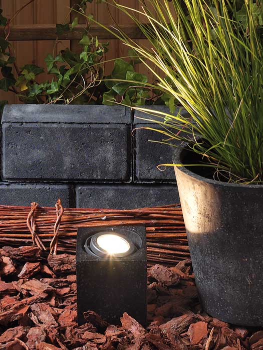 Spotlight Cylon im Einsatz Spotlight Cylon leuchtet auf ein Ziergras in einem Topf