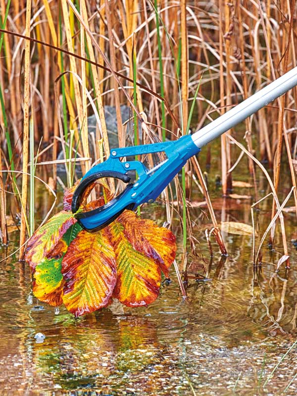 Braune Blaetter werden mit den EasyPick aus dem Teich geholt